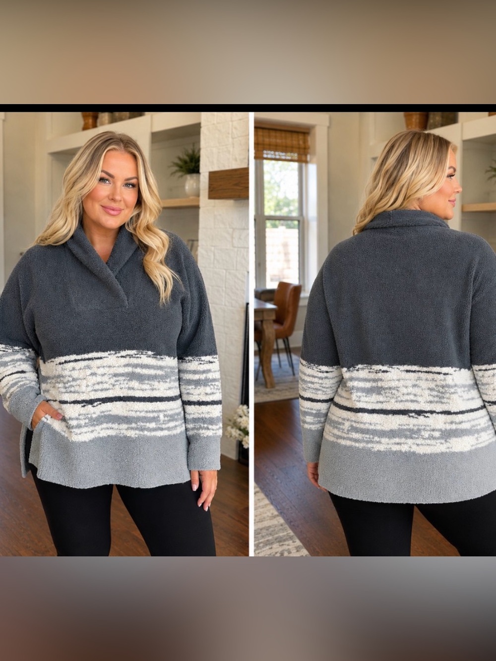 Barefoot Dreams Cozy Shawl Collar Gray Striped Women's Sweater large